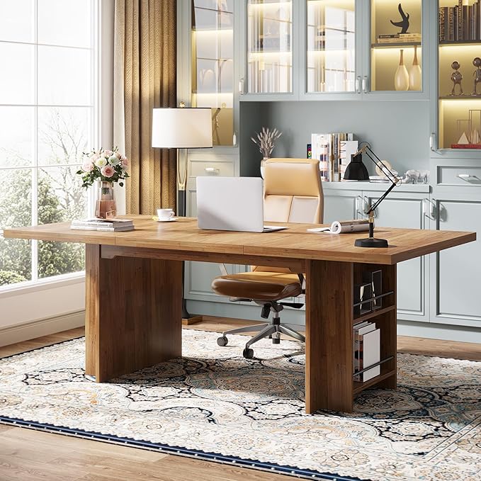 Tribesigns 62.99-Inch Computer Desk Modern Executive Office Desk with Storage Shelves Large Long Writing Table for Office Study Room Light Brown