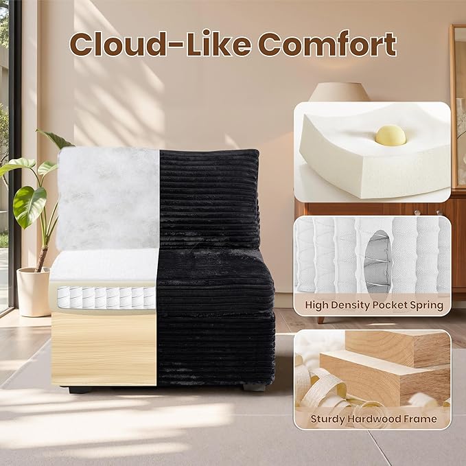32.7'' Middle Seat for Modular Sectional Sofa Deep Seat Upholstered Armless Chair Sleeper Sofas L/U/V Shaped Plush Corduroy Cloud Couch for Living Room Apartment Black