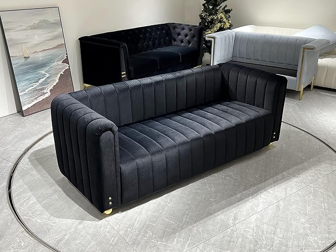 Emerald Green Velvet Couch 80 Inch Wide Mid-Century Modern Sofa Velvet Tufted Upholstered Velvet Sofa Love Seats Sofa with Golden Leg 3 Seat Sofa Big Comfy Couch Sofas for Livingroom (BlackA)