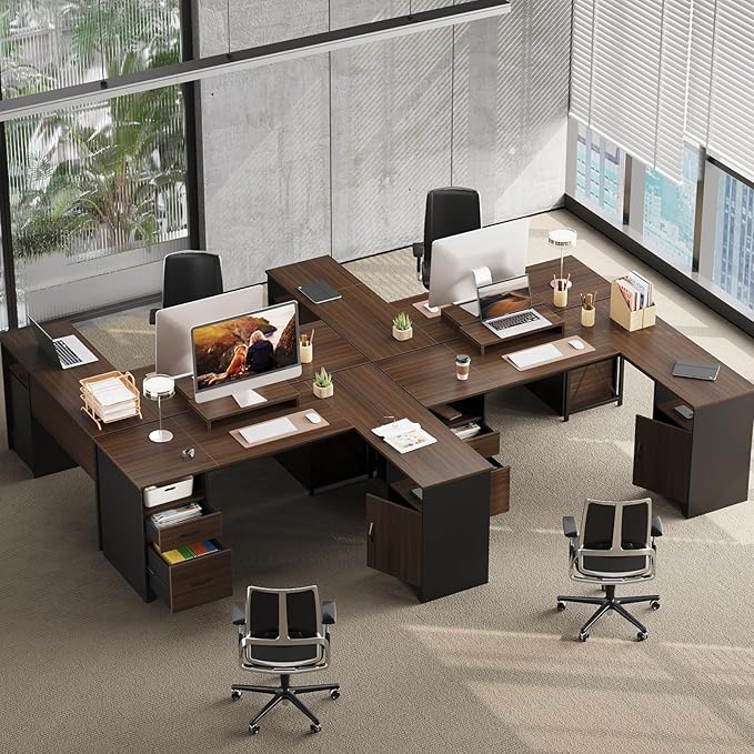 Bestier L Shaped Desk with File Drawers 63 x 47 Office Computer Desk with Storage Cabinet Corner Desk with Monitor Stand &amp Modesty Panel for Home Office Cherry