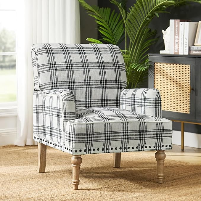 HULALA Home Modern Accent Chair with Retro Wooden Legs &amp Nailhead Trim Comfy Upholstered Armchair Single Sofa for Living Room Bedroom (Plaid Black)