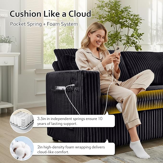 65in Sleeper Sofa Bed Convertible Pull Out Couch with Small Table| USB Port | Cup Holder | Corduroy Fabric | Adjustable Backrest for Apartment Office Bedroom Guest Room (Black)