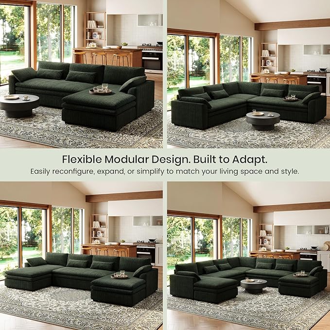 Belffin Large Modular Sectional Sofa with Double Deep Chaise 104 Corduroy U Shaped Couch with 9 Soft Dual-Layer Seats Cushion Sectional Couches for Living Room Apartment Green