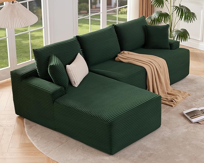Cloud Sectional Couch Modular Sectional Sofa with Deep Seat Boneless Sofa for Living Room Fluffy Comfy Couch with L-Shaped Chaise Green