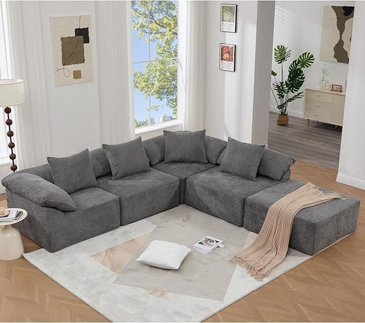 142 L Shaped Chenille Sectional Sofa Oversized Fluffy Cloud Couch with Memory Foam 5 Seater Modular Sleeper Sofa with Ottoman for Living Room No Assembly Gray