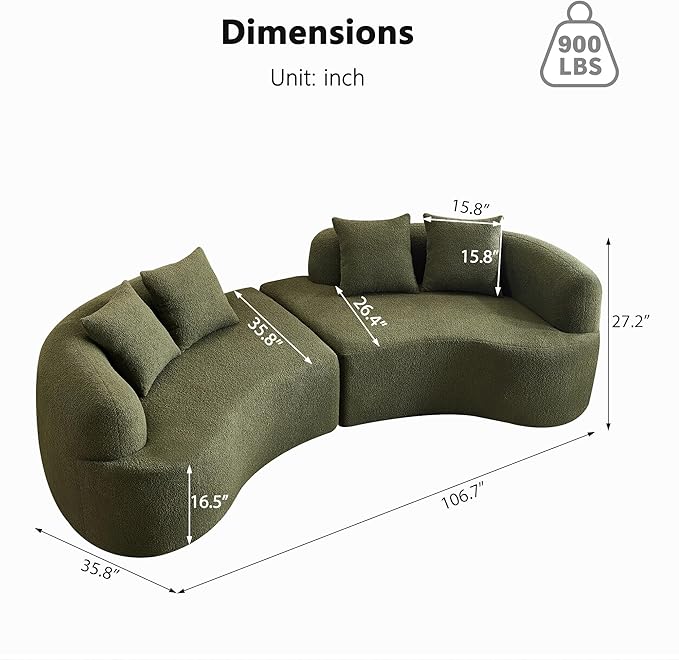 106.7 Modern Curved Oversized Sectional Sofa Minimalist Modular Cloud Couch with 4 Throw Pillows Luxury 4-Seater Extra Deep &amp Wide Seat Sofa in Soft Teddy Fabric Olive Green