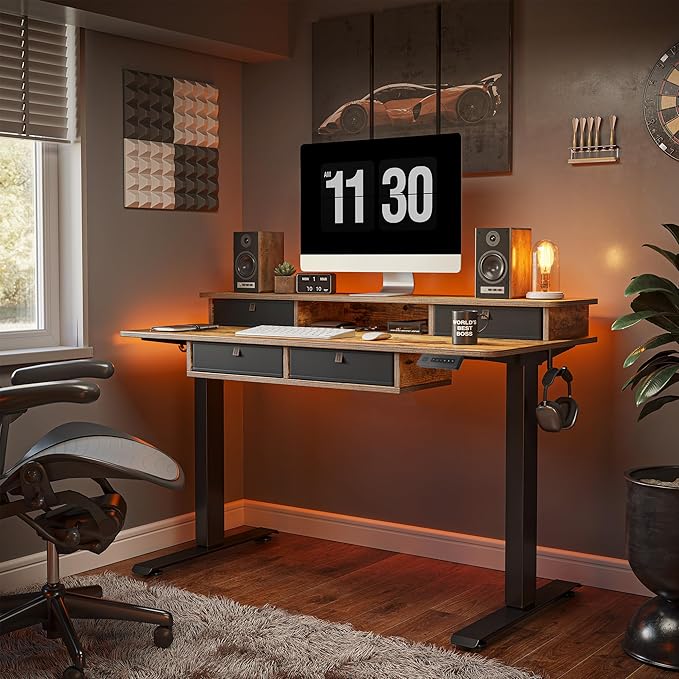 FEZIBO 48'' x 24'' Electric Standing Desk Adjustable Height with 4 Drawers Home Office Stand Up Table with 4 Height-Adjustable Feets &amp 2 HooksRustic Brown Top