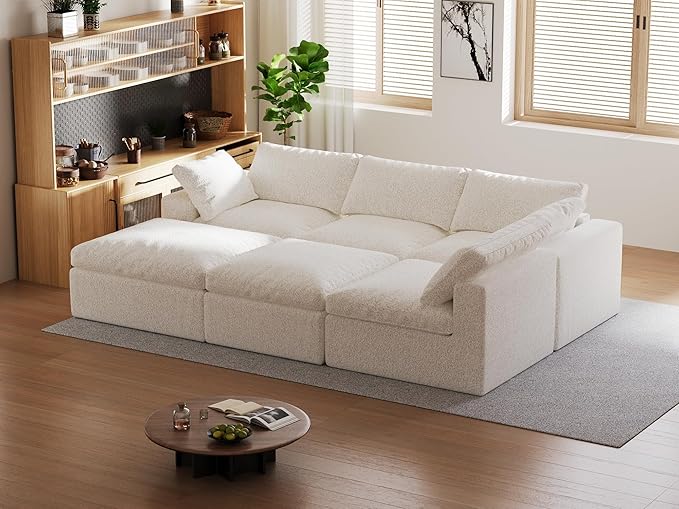 140’’ Oversized Boneless Couch for Living Room Cloud Couch Modular Sectional Free Combination with Ottoman Washable Cushion Cover No Assembly Required White (4-Seat + 2 Ottoman)