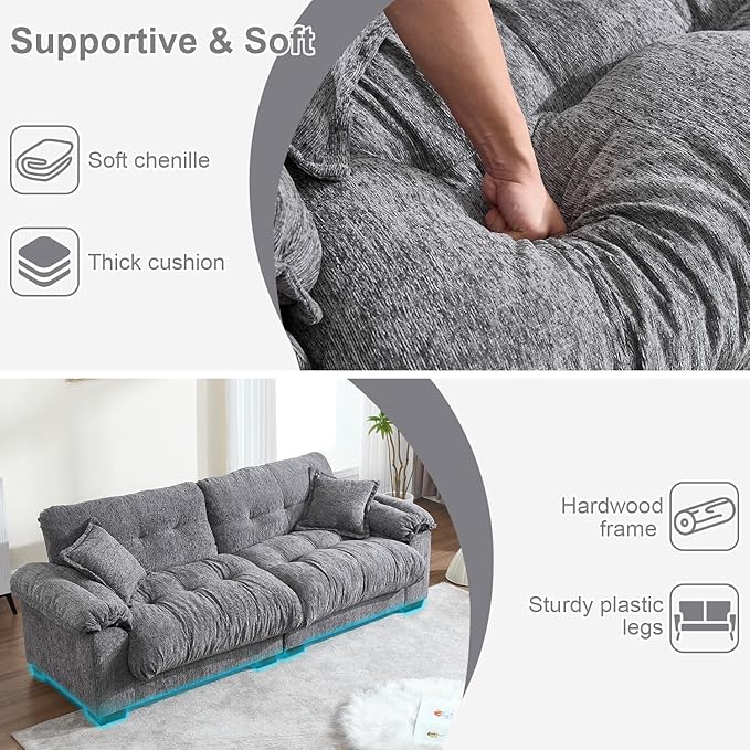 90.5 Modular Cloud Sofa 2 Seater Couch Oversized Loveseat with Armrest Pillow Comfy Tufted Couch Deep Seat Love Seats for Living Room Apartment Small Space- Grey