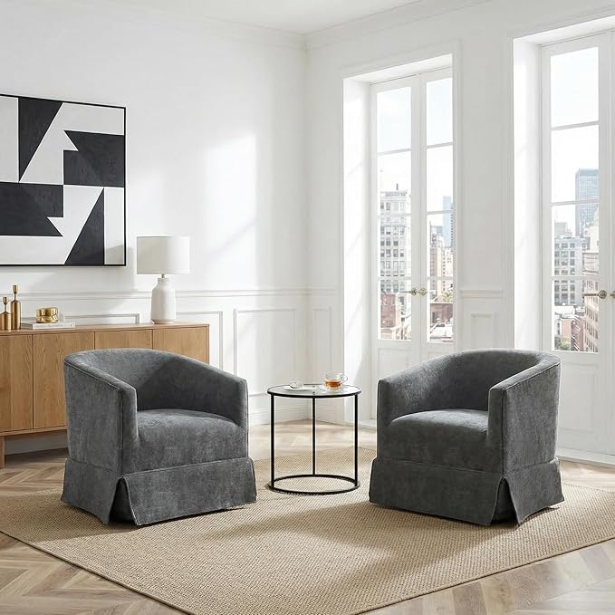 Swivel Accent Chair for Living Room 360° Upholstered Barrel Swivel Chairs with Skirted Base Modern Linen Armchairs for Bedroom Reading Nook Small Space Grey