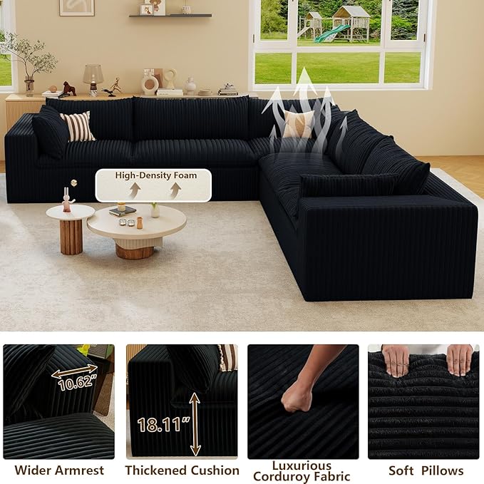 Modular Sectional Sofa Corduroy Plush L Shape Cloud Couch Modern Deep Seat Boneless Couches for Living Room Large Compression Sofas Luxury Fluffy Couchs Sectionals Black
