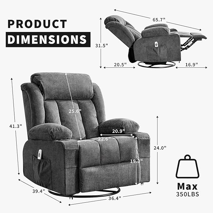Rocking Recliner Chair with Heat and Massage Nursery Recliner 360° Swivel Chairs for Adults Lazy Boy Single Sofa Seat with 3 Positions 2 Side Pockets Cup Holders and USB Ports Grey