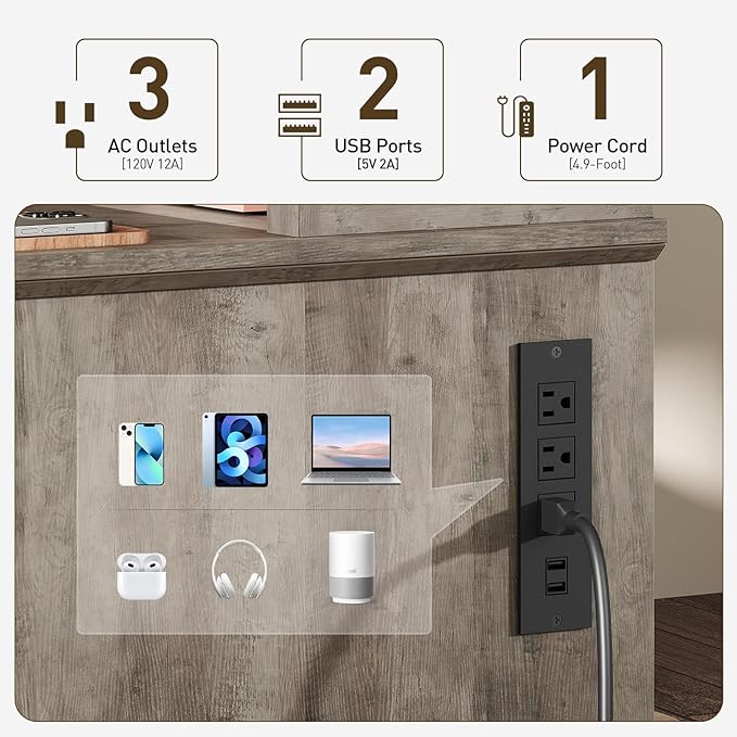 55'' Farmhouse Executive Desk with Drawers Home Office Desk with File Cabinet and Storage Shelf Charging Station Computer Desk with Monitor Stand Writing Gaming Desk Greige
