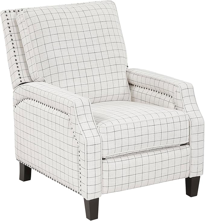 Lexicon Pushback Recliner Chair Plaid Textured Fabric Armchair Push Back Reclining Chair Nailhead Trim Solid Wood Legs Easy Assembly for Living Room/Office/Apartment Off-White