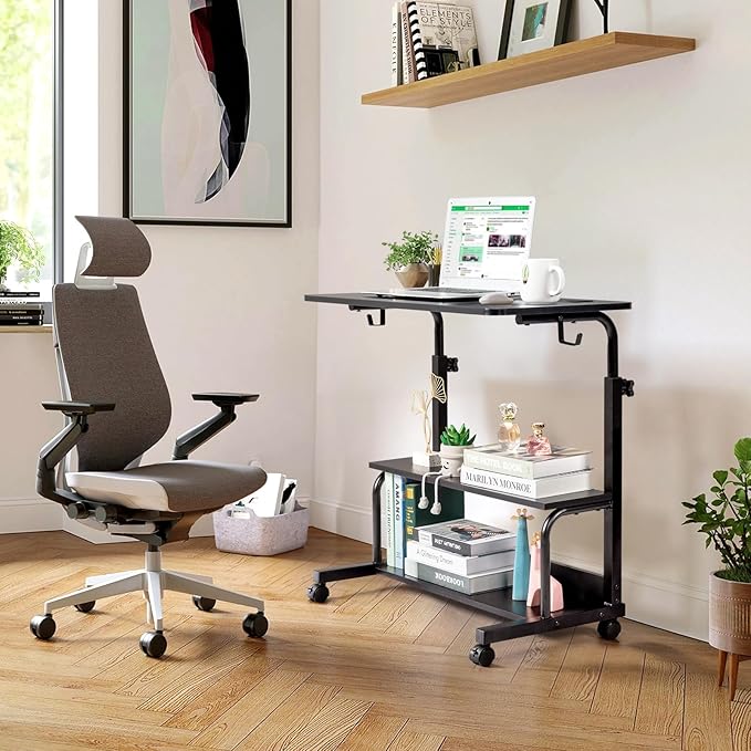 Adjustable Computer Desk with 3 USB Ports and 2 AC Outlets Standing Desk Adjustable Height Desks Computer Desk Writing Desk Mobile Laptop Desk Cart for Office Workspace Black