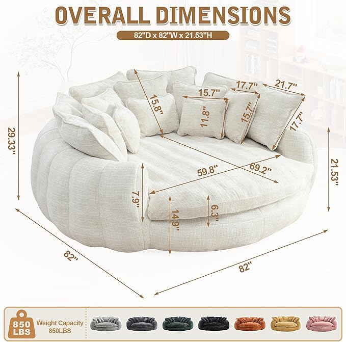 82'' Oversized Upholstered Sofa Bed Round Chaise Lounge Chair Indoor Modern Chenille Boneless Couch No Assembly Required Plush Sleeper Chair with 14 Pillows for Living Room Beige