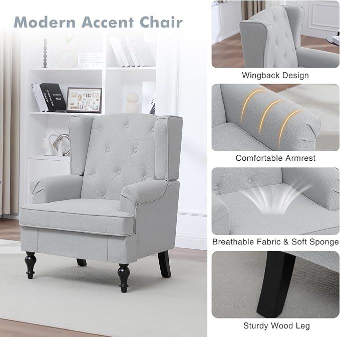 Accent Chair for Living Room Mid Century Modern Upholstered Armchair Wingback Chair with Tufted High Back and Solid Legs Comfy Single Sofa Side Chairs for Bedroom Light Grey