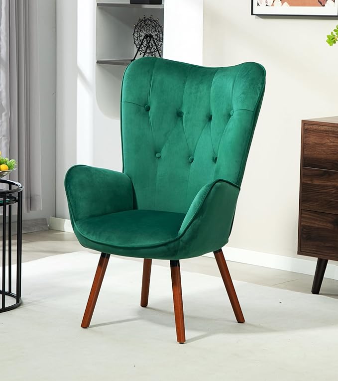 Chic Accent Arm Chairs for Living Room Bedroom or Home Office Button-Tufted Midcentury Armchair with Wingback Design and Splayed Legs Green