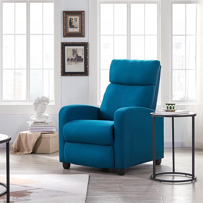 Yaheetech Home Theater Seating Fabric Recliner Chair Modern Single Living Room Reclining Sofa with Pocket Spring Blue