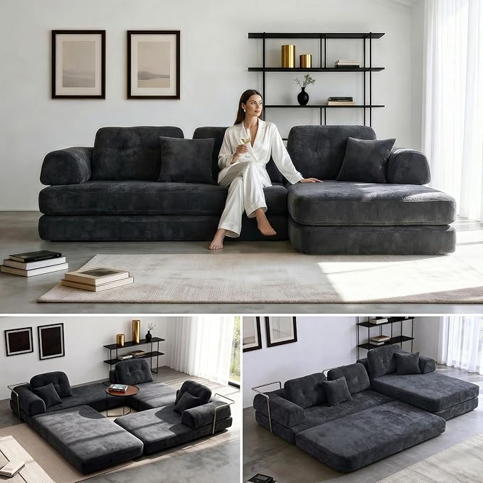 104 Modular Sofa Bed 8-in-1 Convertible Sectional Couch with High Resilience Sponge &amp Oversized 3 Cushions – Modern Boneless Design for Living Rooms &amp Apartments (Dark Gray 104'')