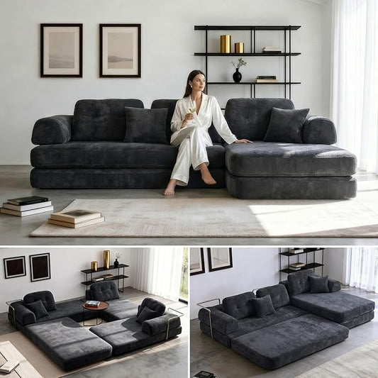 104 Modular Sofa Bed 8-in-1 Convertible Sectional Couch with High Resilience Sponge &amp Oversized 3 Cushions – Modern Boneless Design for Living Rooms &amp Apartments (Dark Gray 104'')