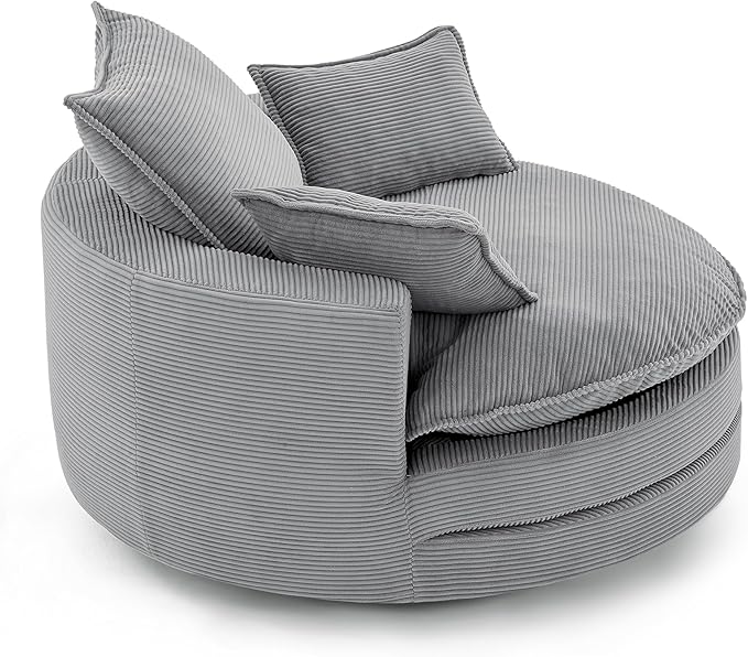 360° Swivel Sofa Chair with Dual-Layer Cushion Design 57.5 Swivel Round Accent Barrel Chair with 3 Removable Pillows for Living Room Office and Hotel (Gray//261)