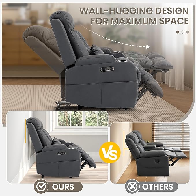 Wall Hugger Power Reclining Loveseat with Manual Adjustable Headrests Electric Recliner Sofa with USB/Type-C Ports Cup Holders – Perfect for RV and Small Spaces (Grey)