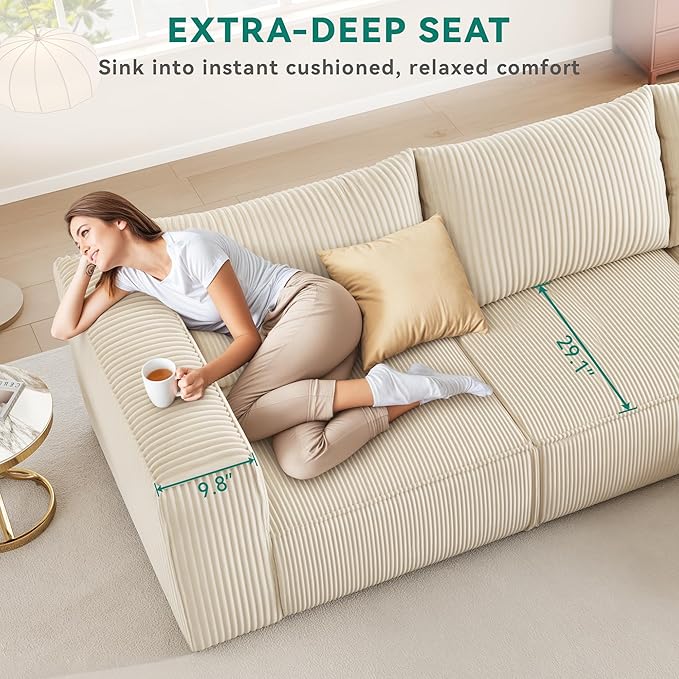 DWVO 107 Inch Cloud Sectional Couch with L-Shape Chaise Deep Seat Sofa with 3 Pillows 1 Ottomans Corduroy Upholstered Modular Sofa for Living Room Bedroom No Assembly Required Milky White