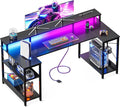 ODK 55 Inch Gaming Desk with LED Lights and Power Outlet U-Shaped Computer Desk with Monitor Stand and Storage Shelves PC Gamer Table for Home Office Carbon Fiber Black