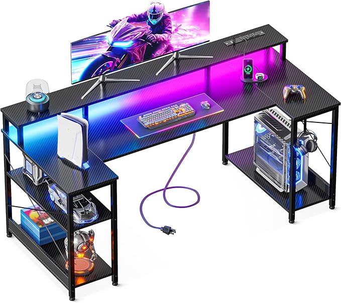 ODK 55 Inch Gaming Desk with LED Lights and Power Outlet U-Shaped Computer Desk with Monitor Stand and Storage Shelves PC Gamer Table for Home Office Carbon Fiber Black