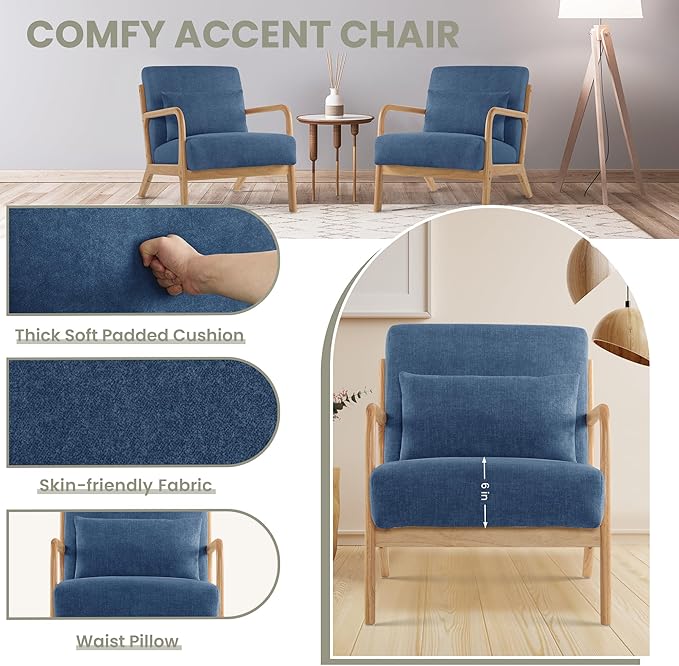 Mid Century Modern Accent Chair with Lumbar Pillow Upholstered Chair for Living Room Accent Chair with Solid Wood Frame Reading Chair Armchair for Bedroom Small Spaces Blue