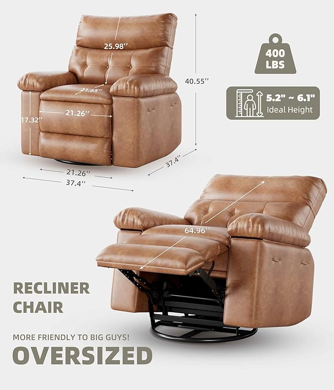 Garvee Oversized Recliner Chair - PU Leather Manual Recliner for Adults Comfy Reclining Chair with Overstuffed Arms and Back Side Pocket Single Sofa for Living Room Bedroom