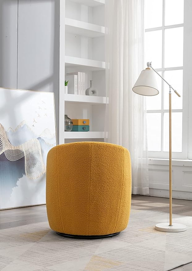 kevinplus Swivel Barrel Chair Accent Armchair for Living Room Bedroom 360 Degree Modern Round Upholstered Single Sofa Couch Chair Cozy Small Swivel Chair for Apartment Teddy Fabric Yellow