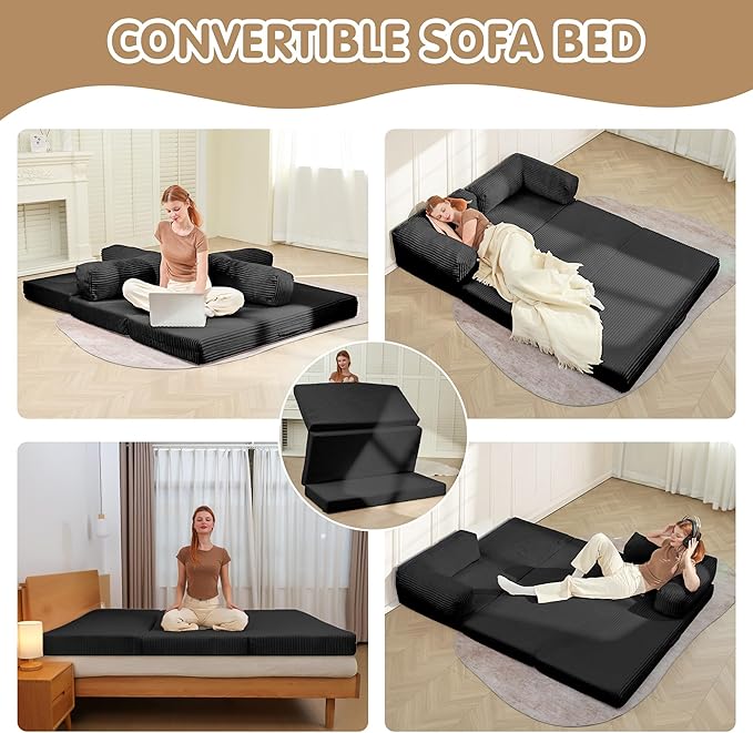 5-in-1 Convertible Sofa Bed54 Boneless Couch Tri Folding Floor Mattress with Removable L-Shaped Armrests &amp HandleCorduroy Futon Couch Sleeper with Pull Out Bed for Living Room Bedroom Apartment