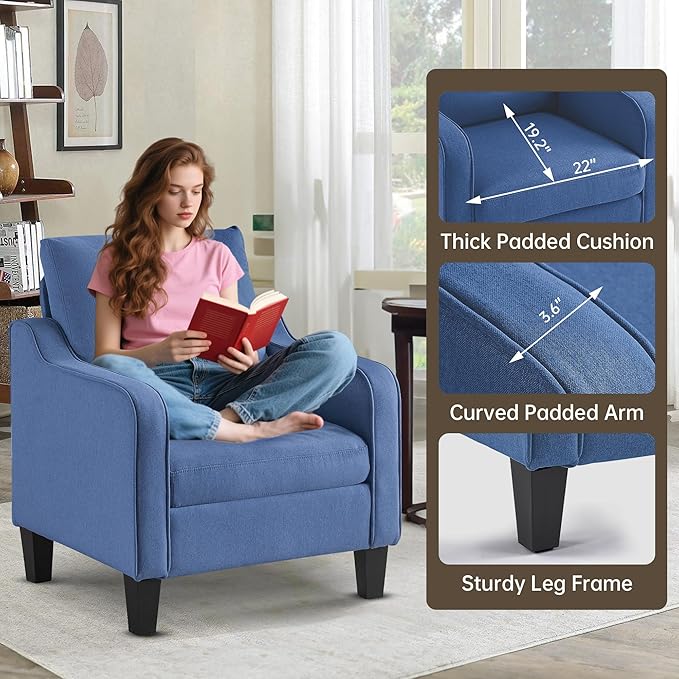Mid-Century Modern Accent Chair Linen Upholstered Living Room Chair Comfy Reading Armchair Small Single Sofa Chair for Bedroom Office Blue 1PC