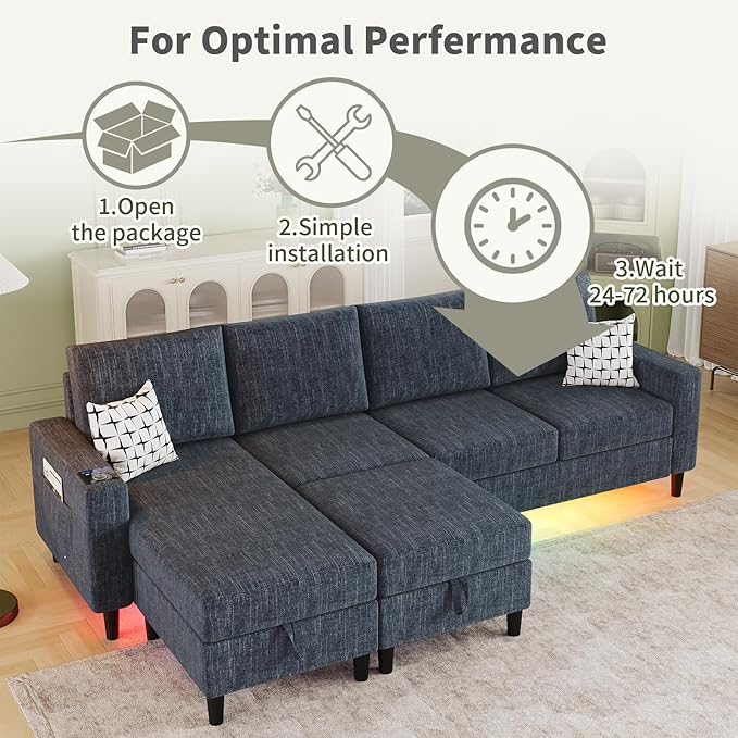 Sectional Couches for Living Room 6-Seats Soft Linen Fabric Sectional Sofa with Storage Ottoman Modern Convertible U/L Shaped Couch with Smart Charging Module/LED Light/Music Sync (Blue)