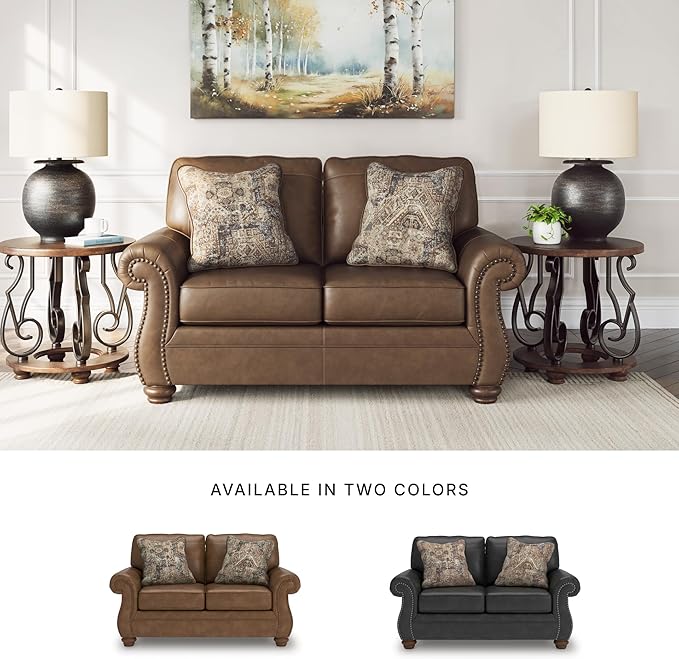 Signature Design by Ashley Shadsburne Rustic Faux Leather Loveseat with Nailhead Trim and 2 Throw Pillows Brown