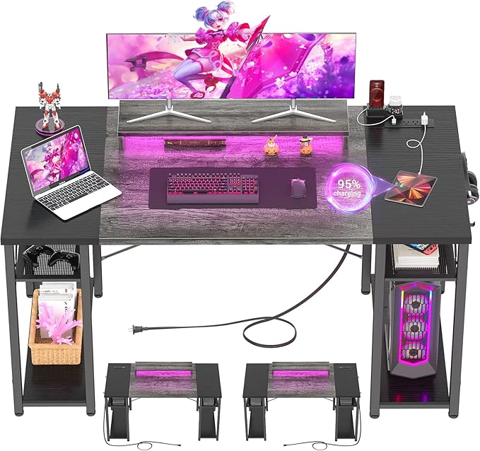 Armocity Computer Desk with LED Lights 55 Inch Desk with Power Outlet and USB Reversible Large Desk with Moveable Monitor Stand 55.2'' Gaming PC Table for Home Office Workstation Grey and Black