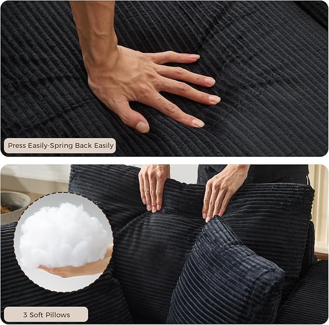 Chaise Lounge Chair IndoorOversized Corduroy Upholstered Sofa Bed with Removable Storage Ottoman Small Cloud Sofas for Living Room Comfy Deep Seat Sleeper Couch Reading Chairs - (Black)