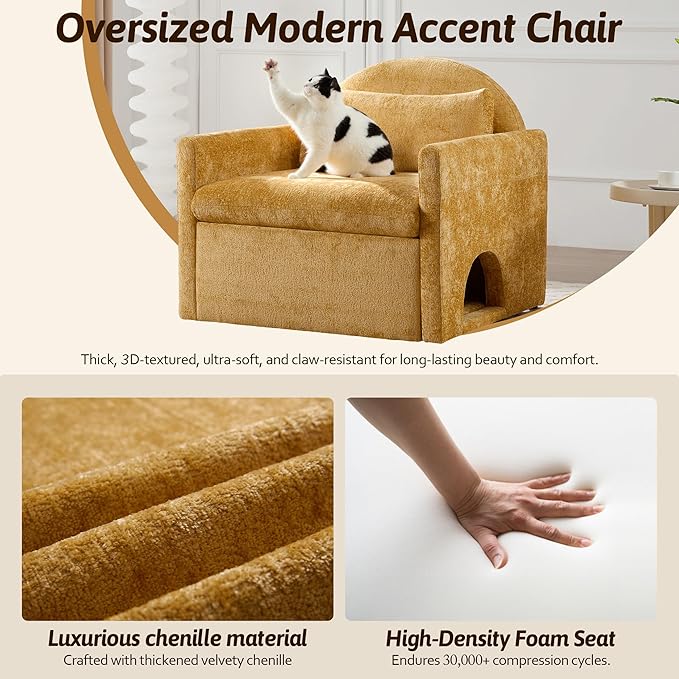 Oversized Modern Accent Chair Armchair with Cat House 36.2 W Living Room Chairs Single Sofa Chair Mid-Century Upholstered Accent Solid Wood Legs Bedroom Yellow