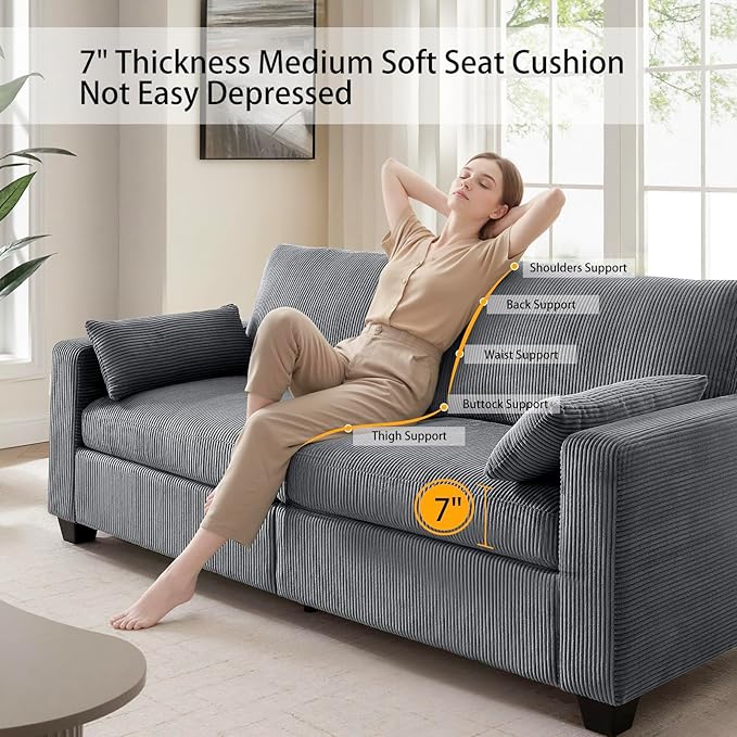 Modern Loveseat Sofa for Living Room Removable Cover Spring Cushions Solid Wood Frame Wide Armrest Corduroy Fabric Recliner Couches for Small Space (Gray Corduroy 81 inch)
