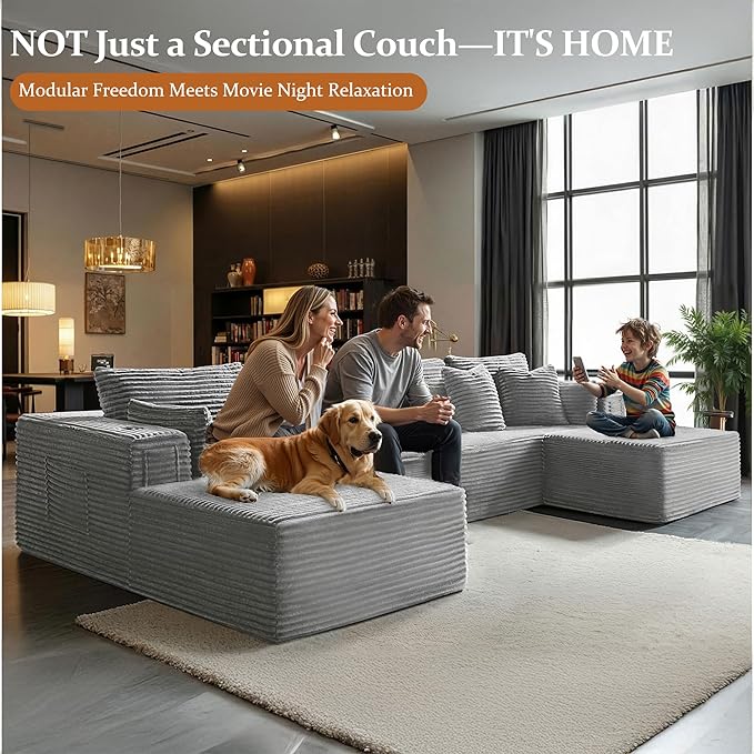 37 Cloud Sectional Couch Ottoman for Living Room Extra Deep Seats No Assembly Minimalist Modular Couch Corduroy (Light Grey Single Ottoman)