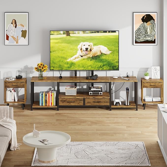 GYIIYUO LED TV Stand with Mount and Power Outlet &amp Fabric Drawers for 32-85 Inches TV - Entertainment Center and Corner Tv Stand for Living Room Bedroom- 47 Rustic Brown (Max VESA 600mm × 400mm