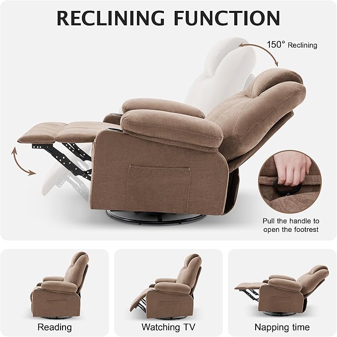 Oversized Swivel Rocker Recliner Chair with Heat and Massage Large Big Recliner Chair for Living Room 360 Degree Swivel Rocking Single Sofa with Cup Holders and USB Port(Fabric Brown)