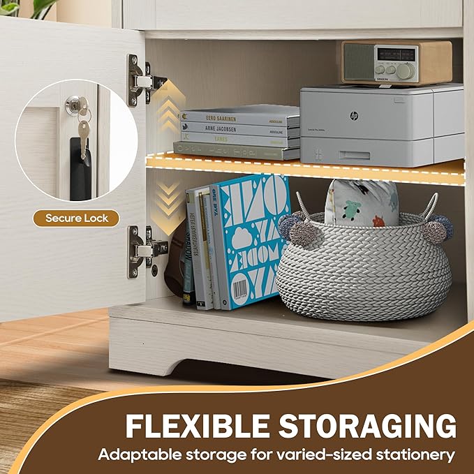Farmhouse L Shaped Executive Desk 60 Home Office Desk with Drawers &amp Charging Station Wood Corner Computer Writing Desk with File Drawer and Storage Cabinet for Home Office (Light Grey)