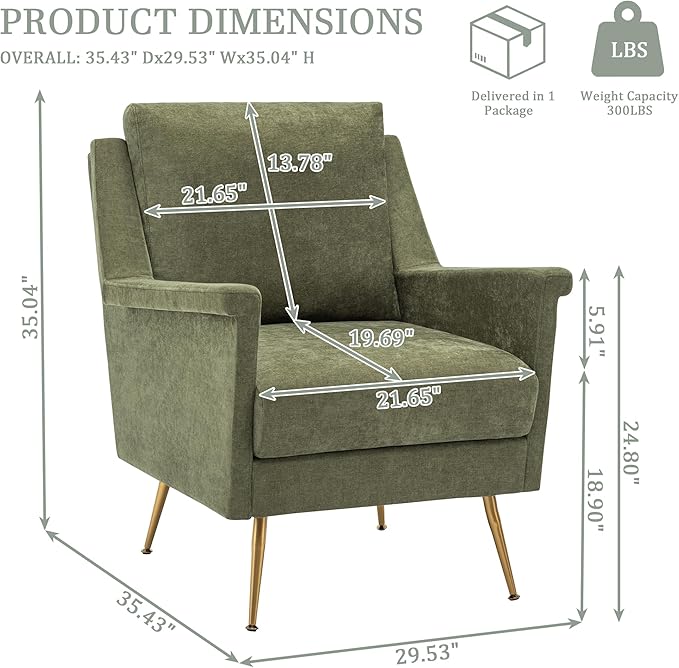 Accent Chair Mid Century Modern Living Room Chairs with Gold Metal Legs Green Wingback Arm Chairs for Bedroom Fabric