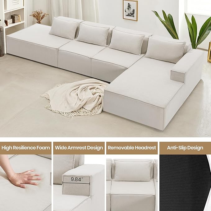 129 Modular Sectional Sofa L-Shaped Cloud Couch with Extra Long Chaise Lounge Oversized Chenille Boneless Sofa Set for Living Room Comfy Floor Seating No Assembly Required