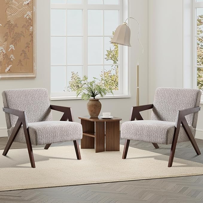 Bonzy Home Mid-Century Modern Accent Chair Set of 2 with Wood Frame Upholstered Armchair for Bedroom &amp Living Room Linen Fabric Cushion Z-Shaped Armrest Design Sturdy Lounge Chair