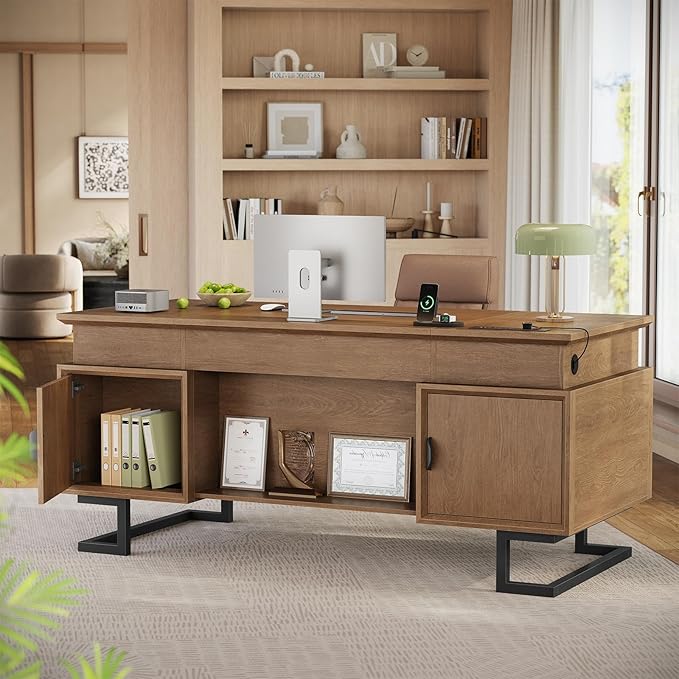63 Executive Desk with Charging Station Large Home Office Desks with 6 Drawers and 2 Storage Cabinets File Drawer Keyboard Tray Privacy Panel Desk Grommet U-Shaped Metal Legs for Work and Study