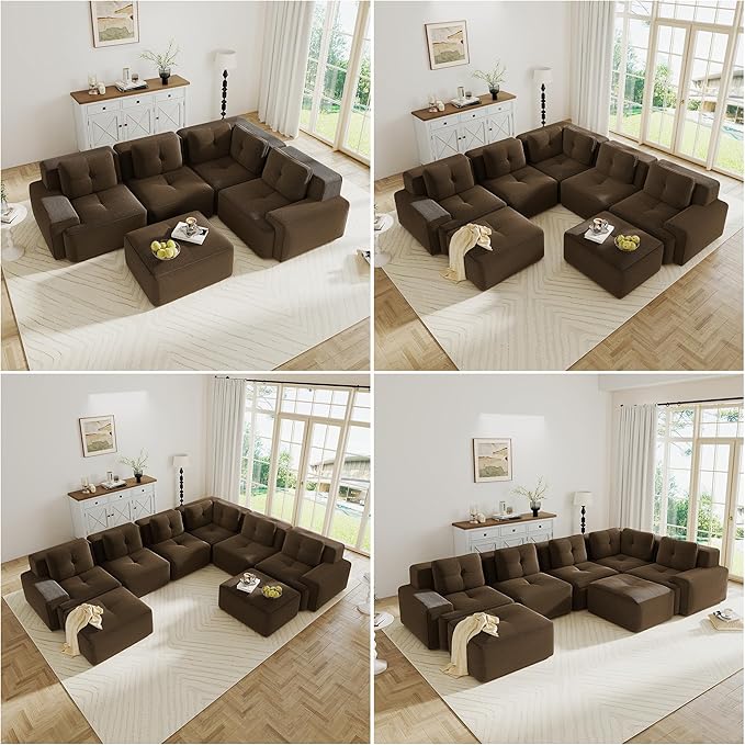 Oversized Modular Sectional Sofa Modern V Shaped Corner Boneless Couch with Ottoman Comfy 5 Seater Cloud Sleeper Sofa with Deep Seat Customizable Layout Couches for Living Room Apartment Brown